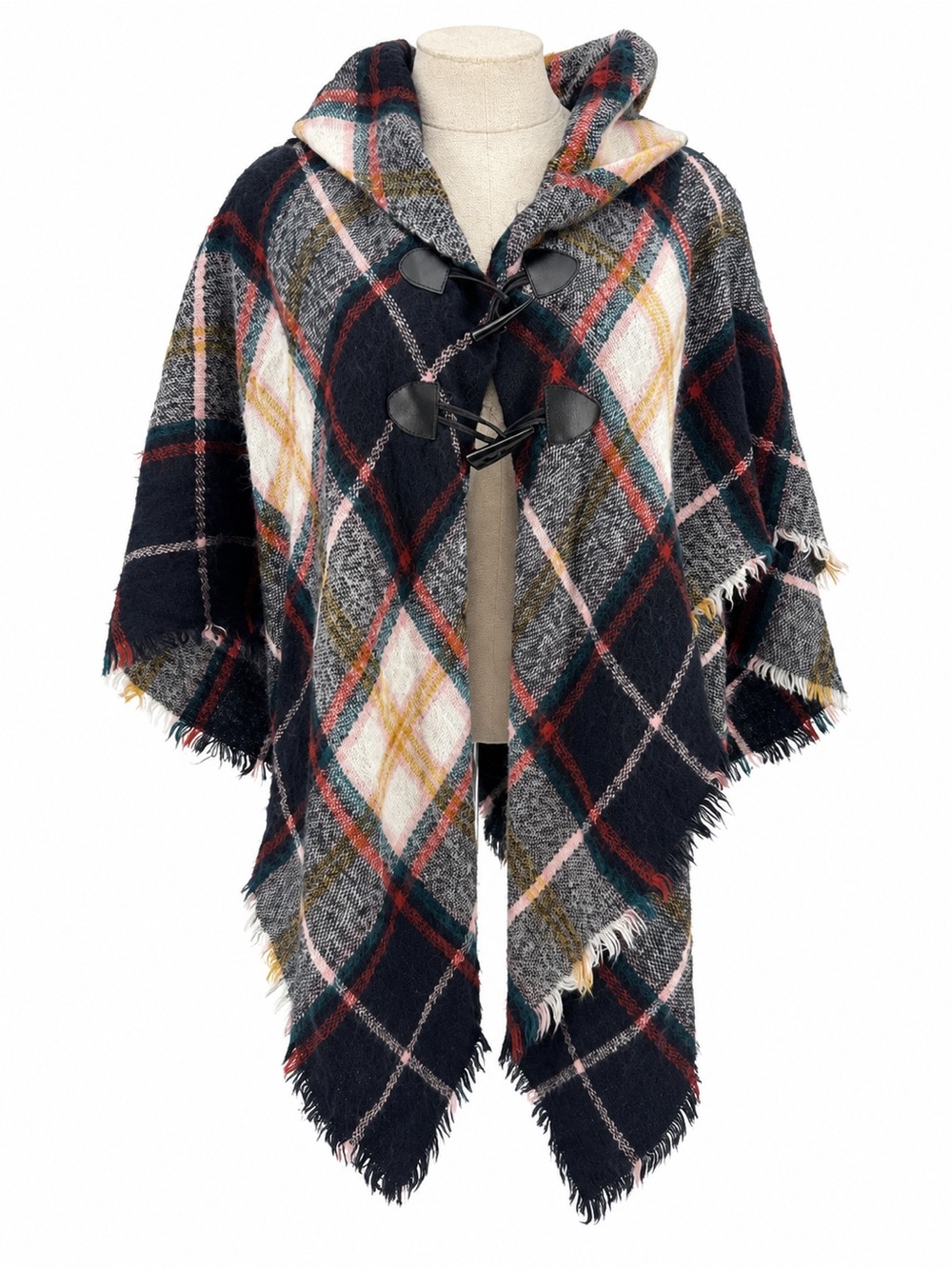Francesca's Plaid Poncho Cape Toggle Closure Fringe Blanket Wrap One Size